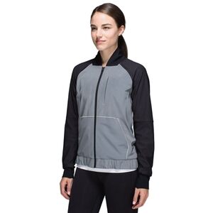 Lululemon Bright Reflective Silver Black Bomber Jacket Zip Size 6 EUC